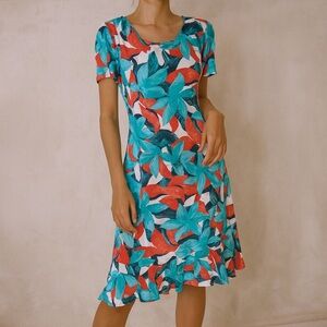 Talbots Turquoise Coral Summer Dress Size Large Petite